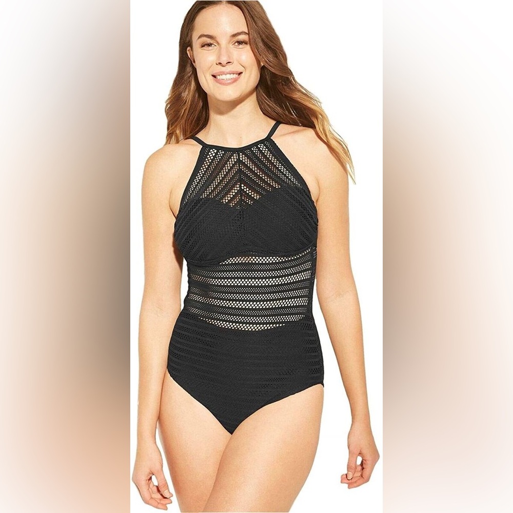 Kona Sol Women’s Small Crochet High Neck One Piece Bathing Swim Suit Black